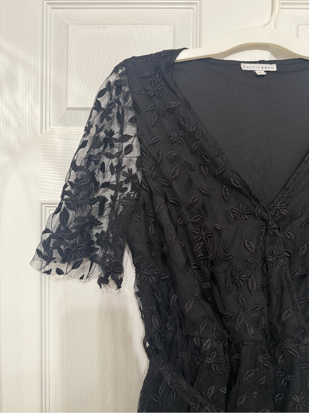 Baltic Born Black Embroidered V-Neck Midi Dress with Tie Waist - Picture 3 of 4
